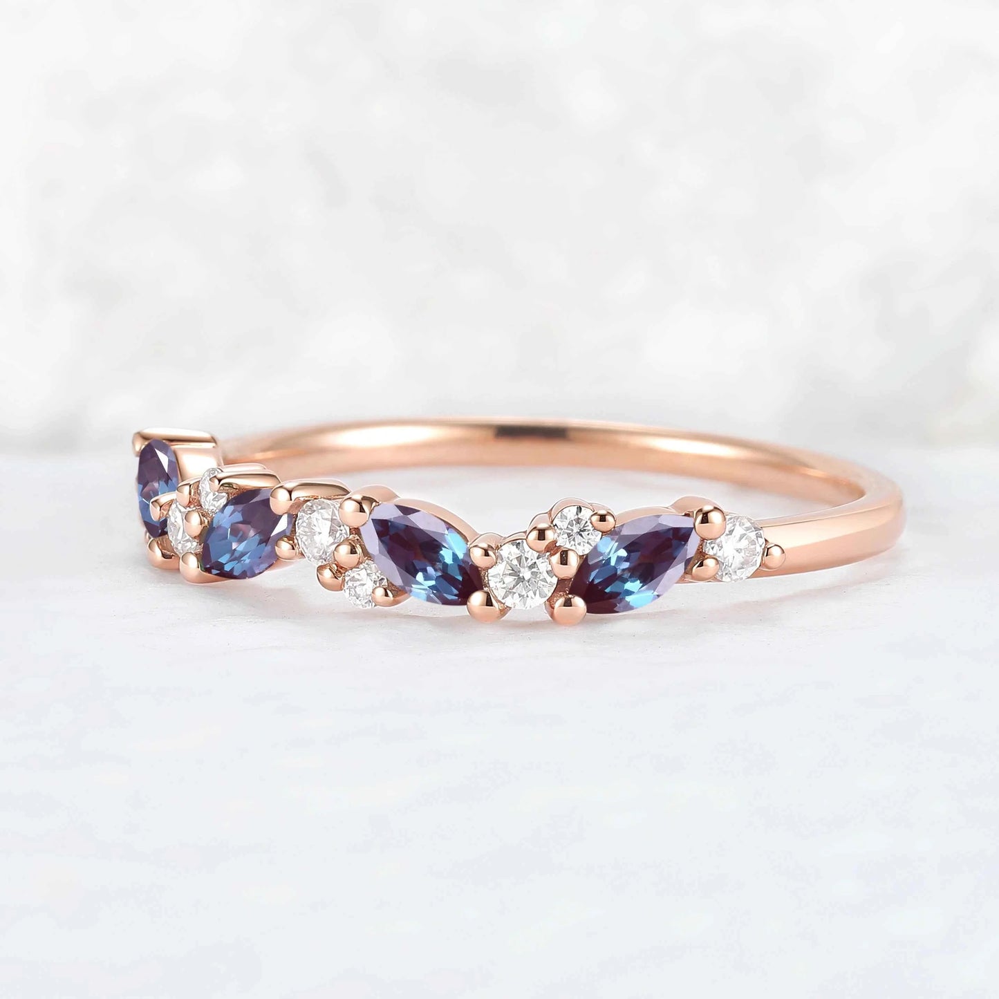 Cluster Marquise Cut Alexandrite and Round Moissanite Stacking Ring
