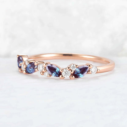 Cluster Marquise Cut Alexandrite and Round Moissanite Stacking Ring