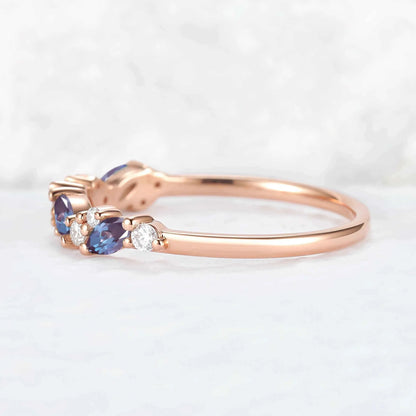 Cluster Marquise Cut Alexandrite and Round Moissanite Stacking Ring