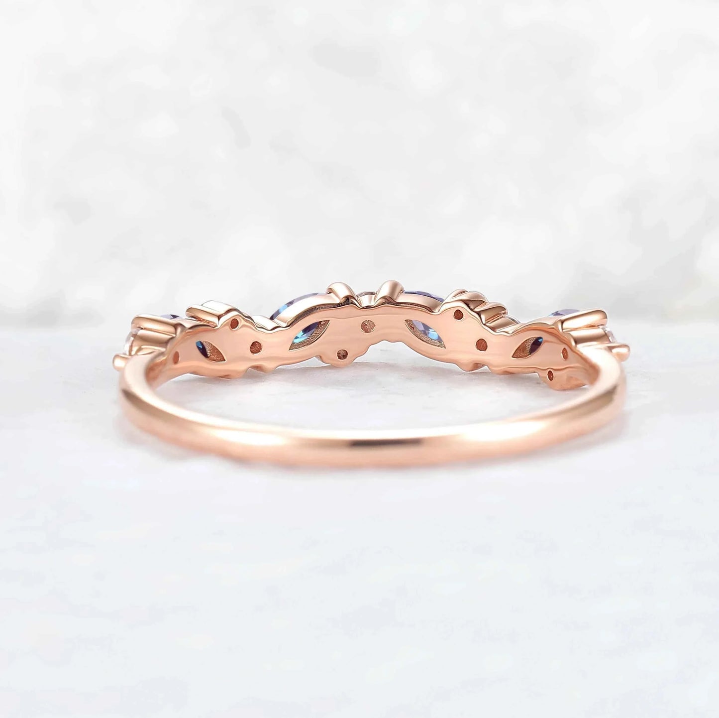 Cluster Marquise Cut Alexandrite and Round Moissanite Stacking Ring
