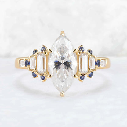 Cluster Marquise Cut Moissanite and Round Cornflower Sapphire Gemstone Ring