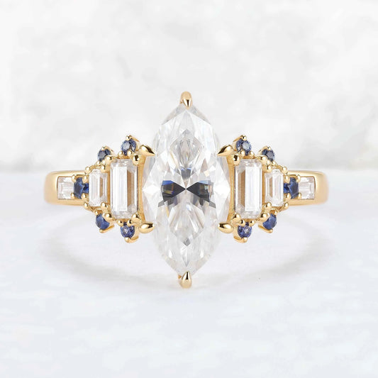 Cluster Marquise Cut Moissanite and Round Cornflower Sapphire Gemstone Ring