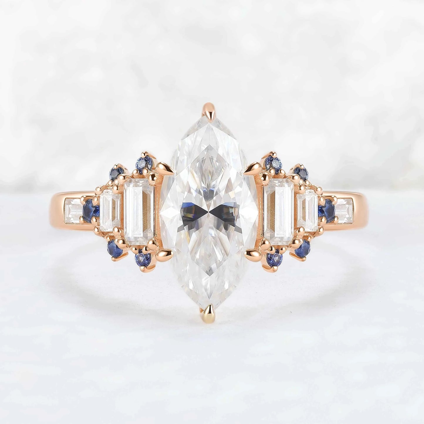 Cluster Marquise Cut Moissanite and Round Cornflower Sapphire Gemstone Ring