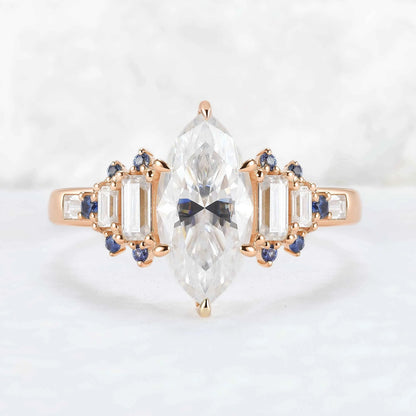 Cluster Marquise Cut Moissanite and Round Cornflower Sapphire Gemstone Ring