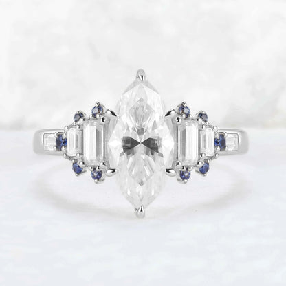 Cluster Marquise Cut Moissanite and Round Cornflower Sapphire Gemstone Ring