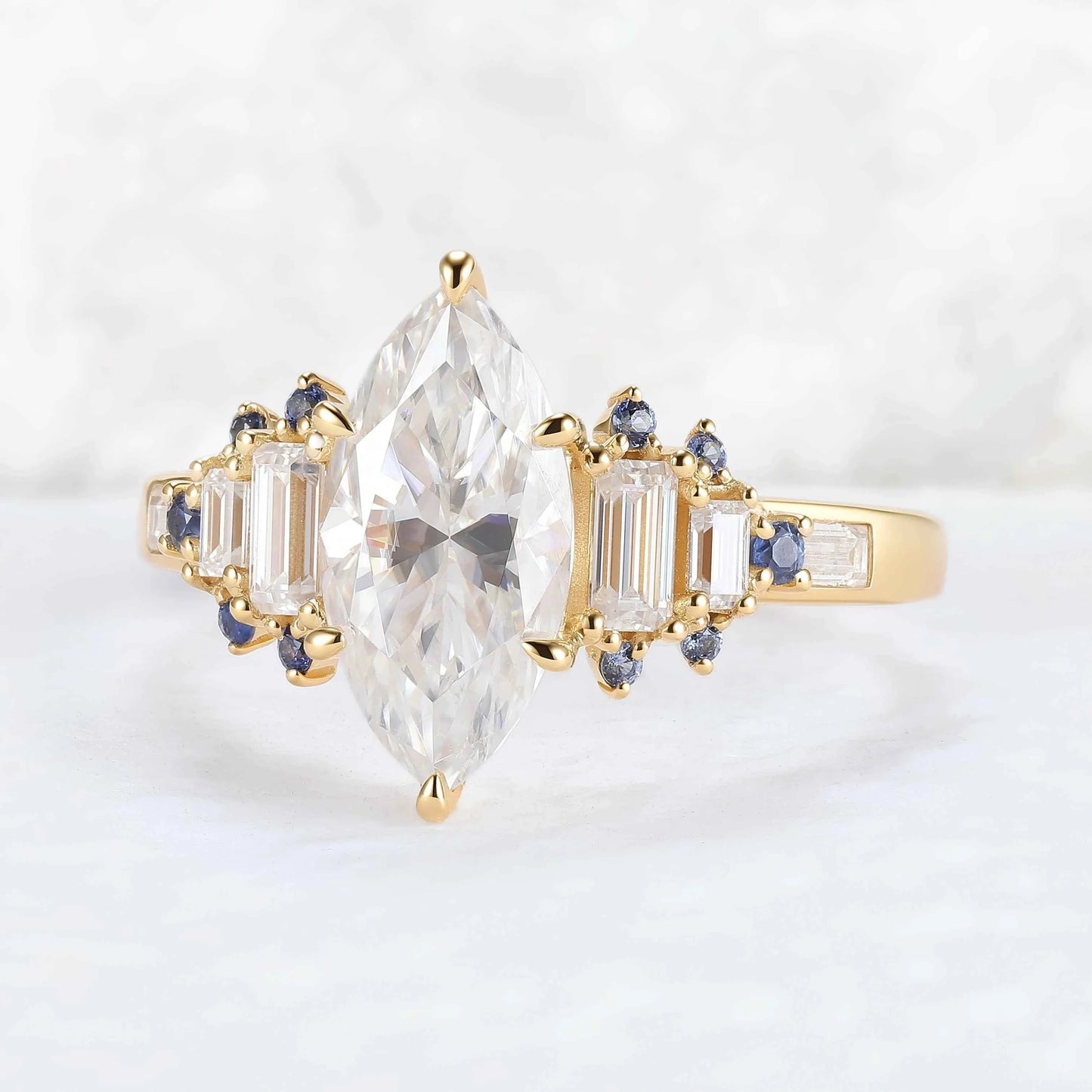 Cluster Marquise Cut Moissanite and Round Cornflower Sapphire Gemstone Ring