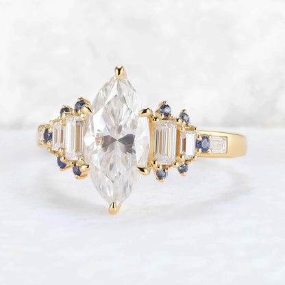 Cluster Marquise Cut Moissanite and Round Cornflower Sapphire Gemstone Ring