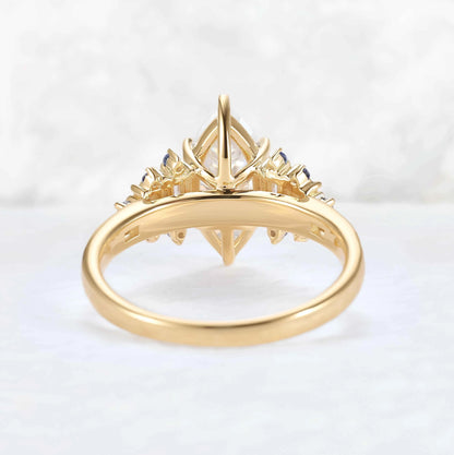 Cluster Marquise Cut Moissanite and Round Cornflower Sapphire Gemstone Ring