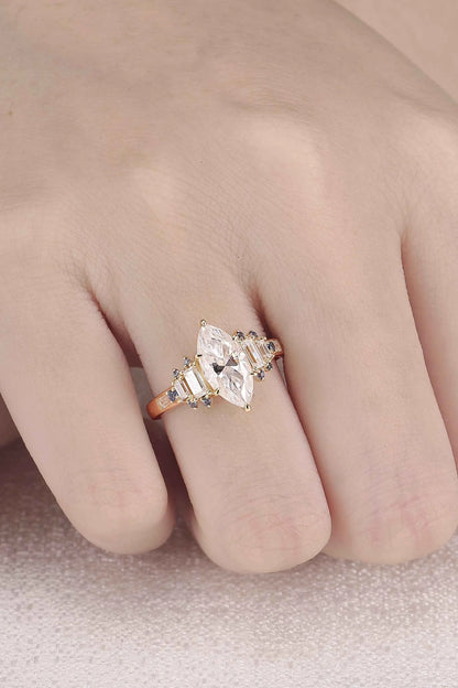 Cluster Marquise Cut Moissanite and Round Cornflower Sapphire Gemstone Ring