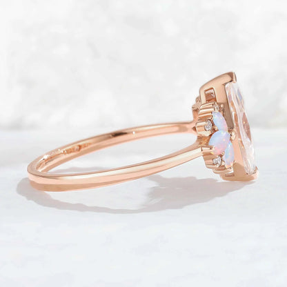Cluster Marquise Cut Moissanite & Opal Petal Side Gemstone Ring