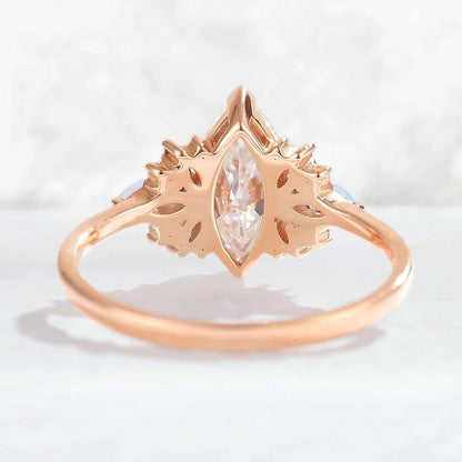 Cluster Marquise Cut Moissanite & Opal Petal Side Gemstone Ring