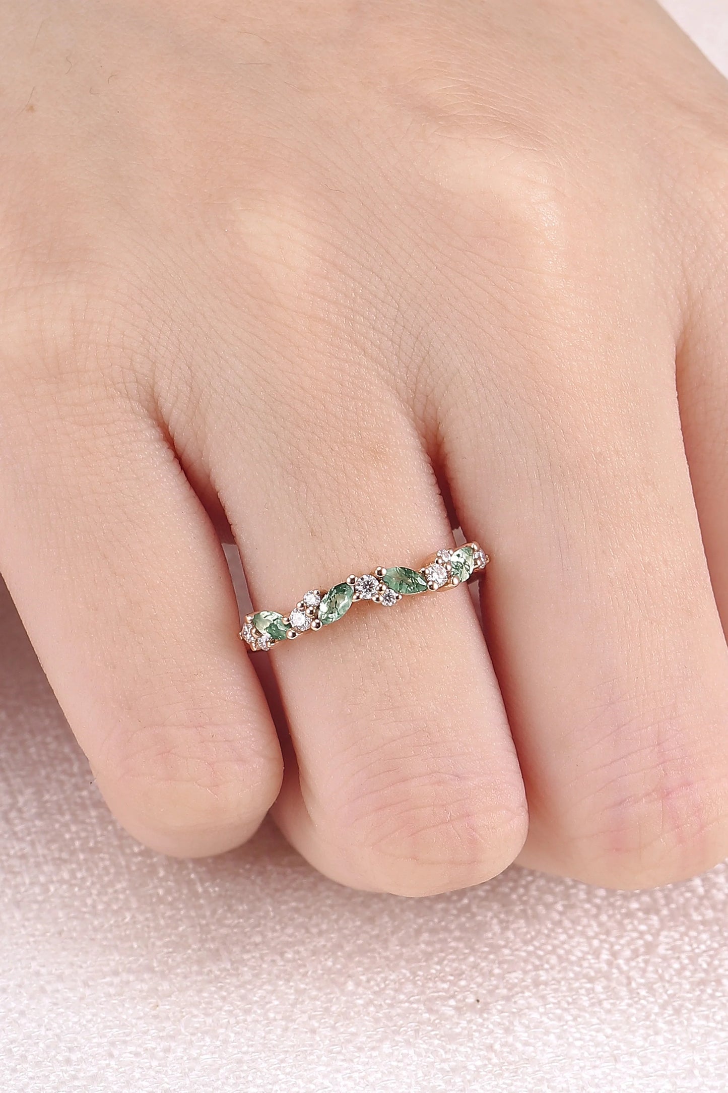 Cluster Marquise Cut Moss Agate and Round Moissanite Stacking Ring