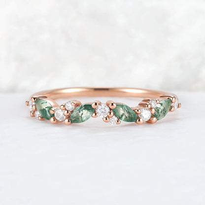 Cluster Marquise Cut Moss Agate and Round Moissanite Stacking Ring