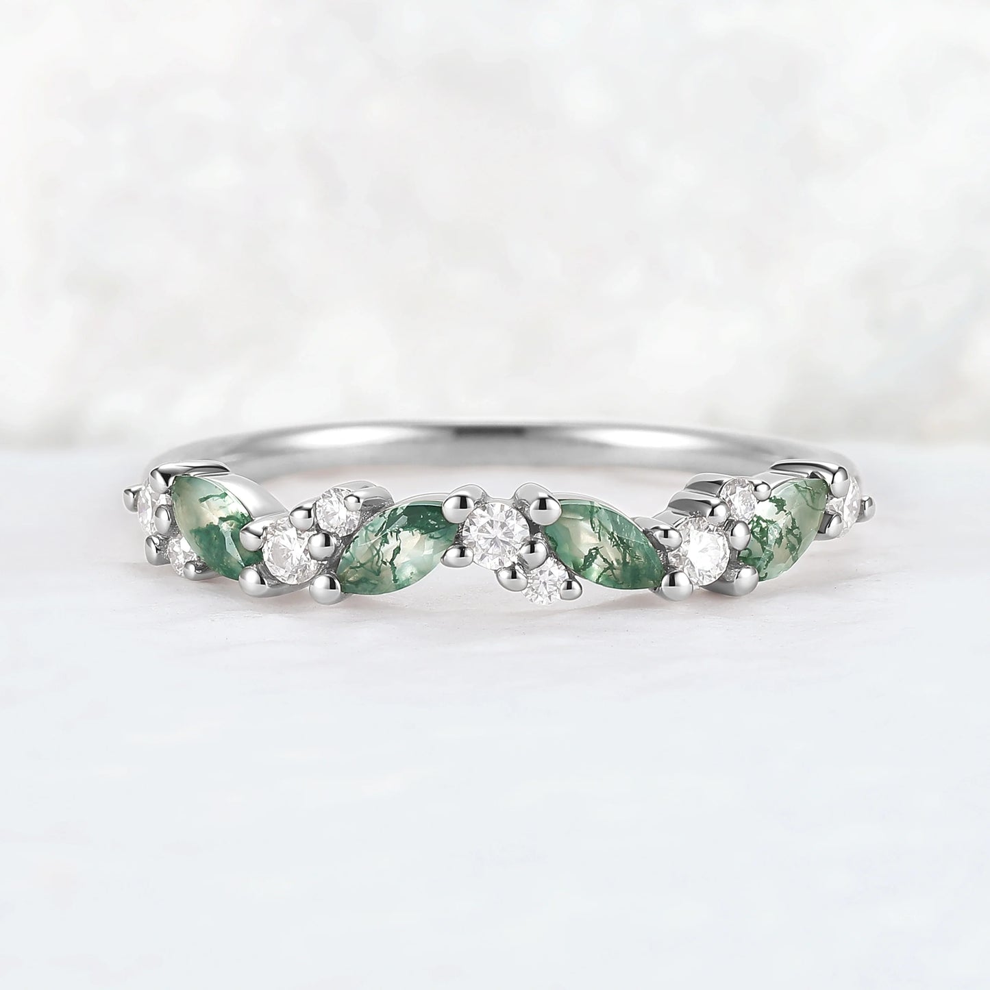 Cluster Marquise Cut Moss Agate and Round Moissanite Stacking Ring