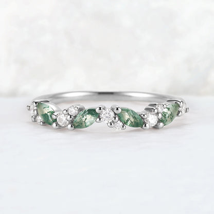 Cluster Marquise Cut Moss Agate and Round Moissanite Stacking Ring