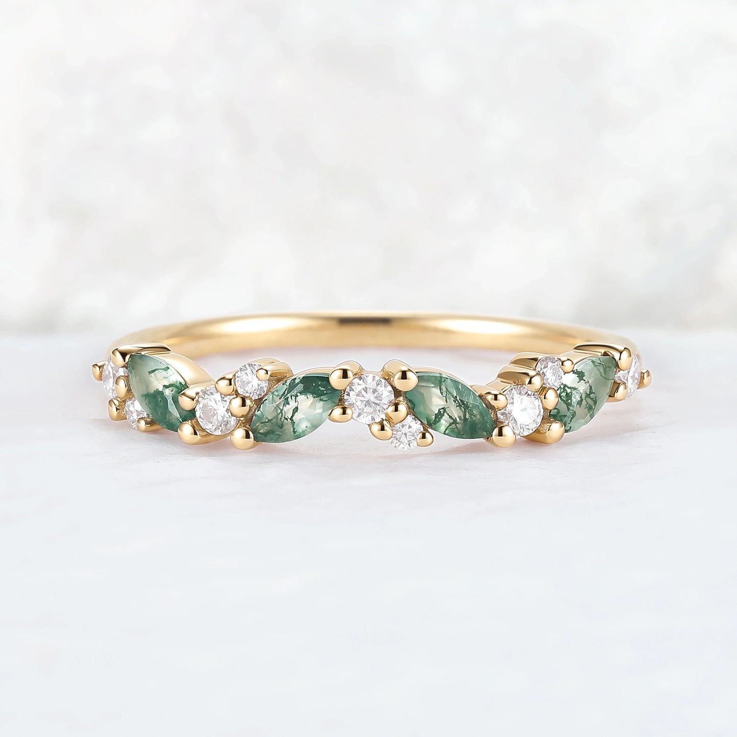 Cluster Marquise Cut Moss Agate and Round Moissanite Stacking Ring