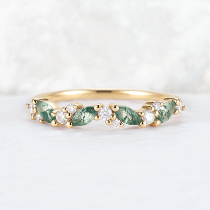 Cluster Marquise Cut Moss Agate and Round Moissanite Stacking Ring