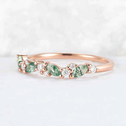 Cluster Marquise Cut Moss Agate and Round Moissanite Stacking Ring