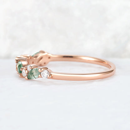 Cluster Marquise Cut Moss Agate and Round Moissanite Stacking Ring