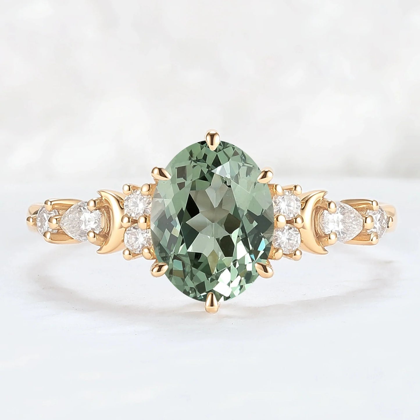 Cluster Oval Green Sapphire Moon Gemstone Ring