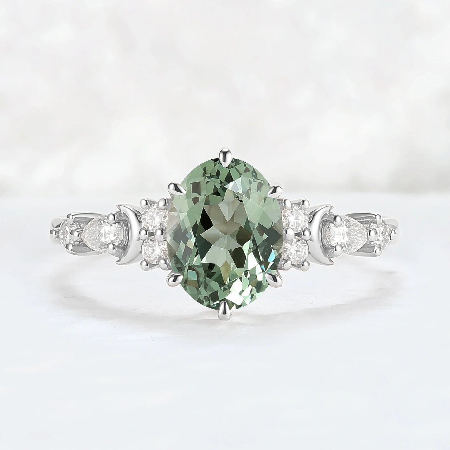 Cluster Oval Green Sapphire Moon Gemstone Ring