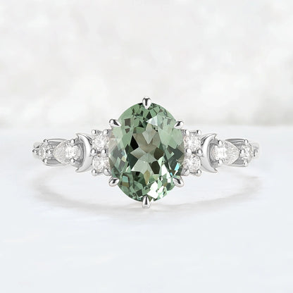 Cluster Oval Green Sapphire Moon Gemstone Ring