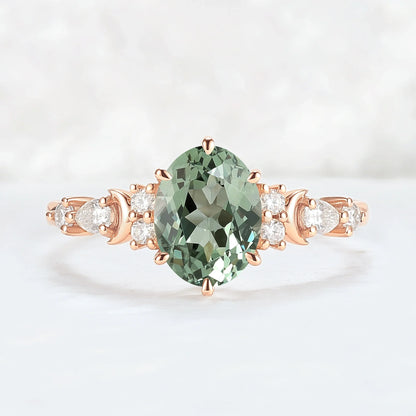Cluster Oval Green Sapphire Moon Gemstone Ring