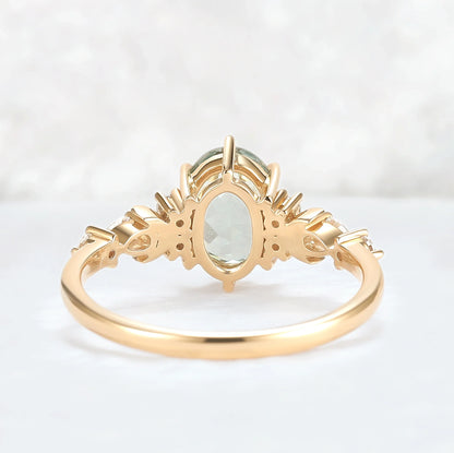 Cluster Oval Green Sapphire Moon Gemstone Ring