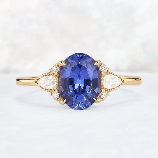 Cluster Oval Shaped Lab Cornflower Sapphire Gemstone Ring