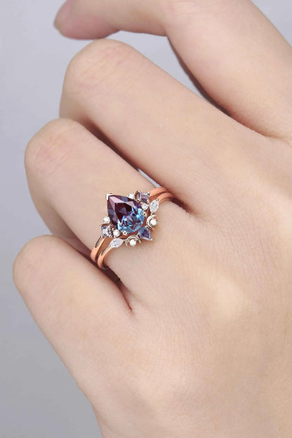 Cluster Pear Cut Alexandrite Moon Gemstone Ring Set 2pcs