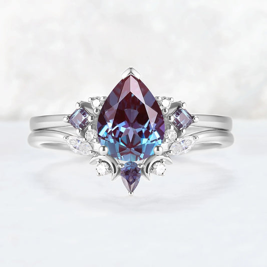 Cluster Pear Cut Alexandrite Moon Gemstone Ring Set 2pcs