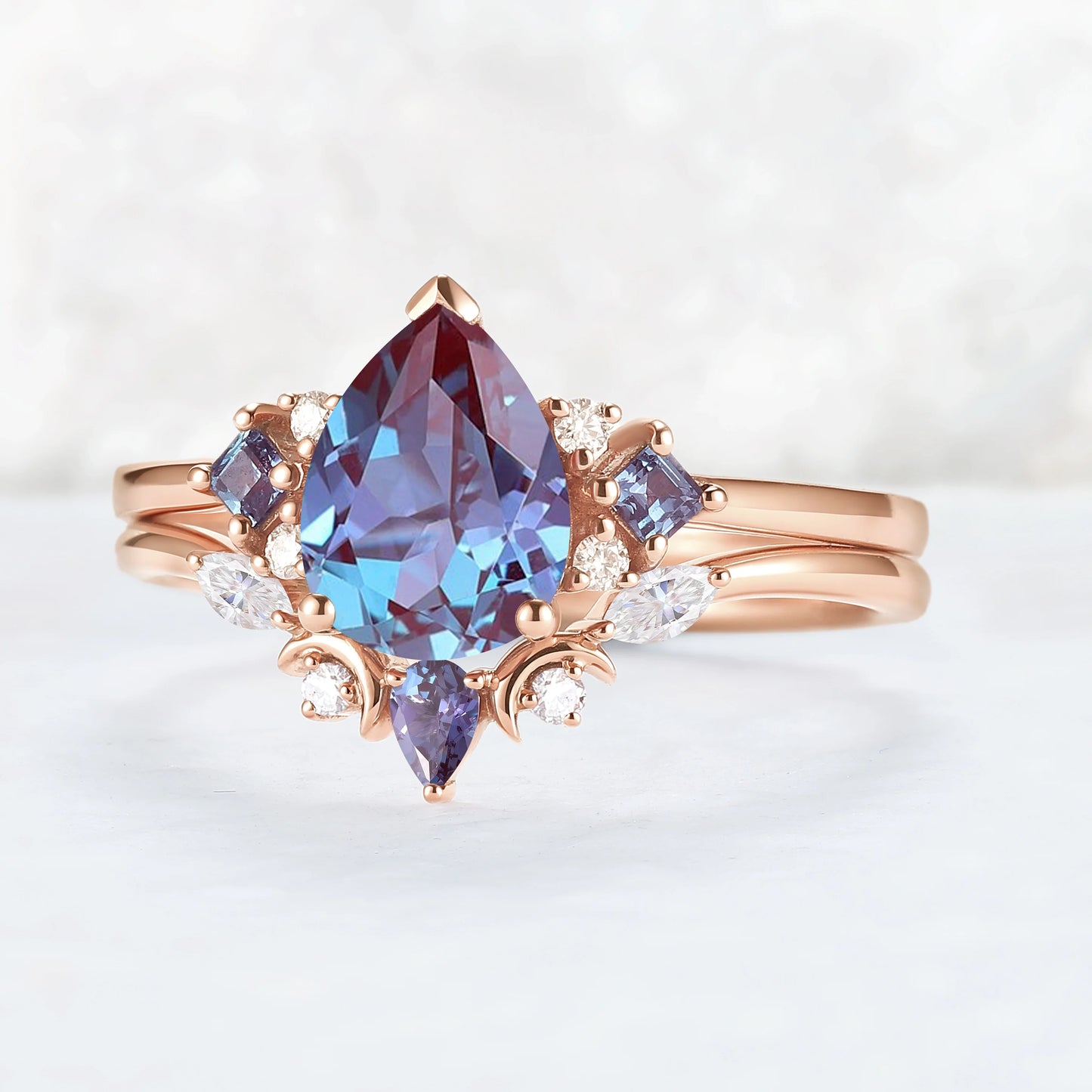 Cluster Pear Cut Alexandrite Moon Gemstone Ring Set 2pcs