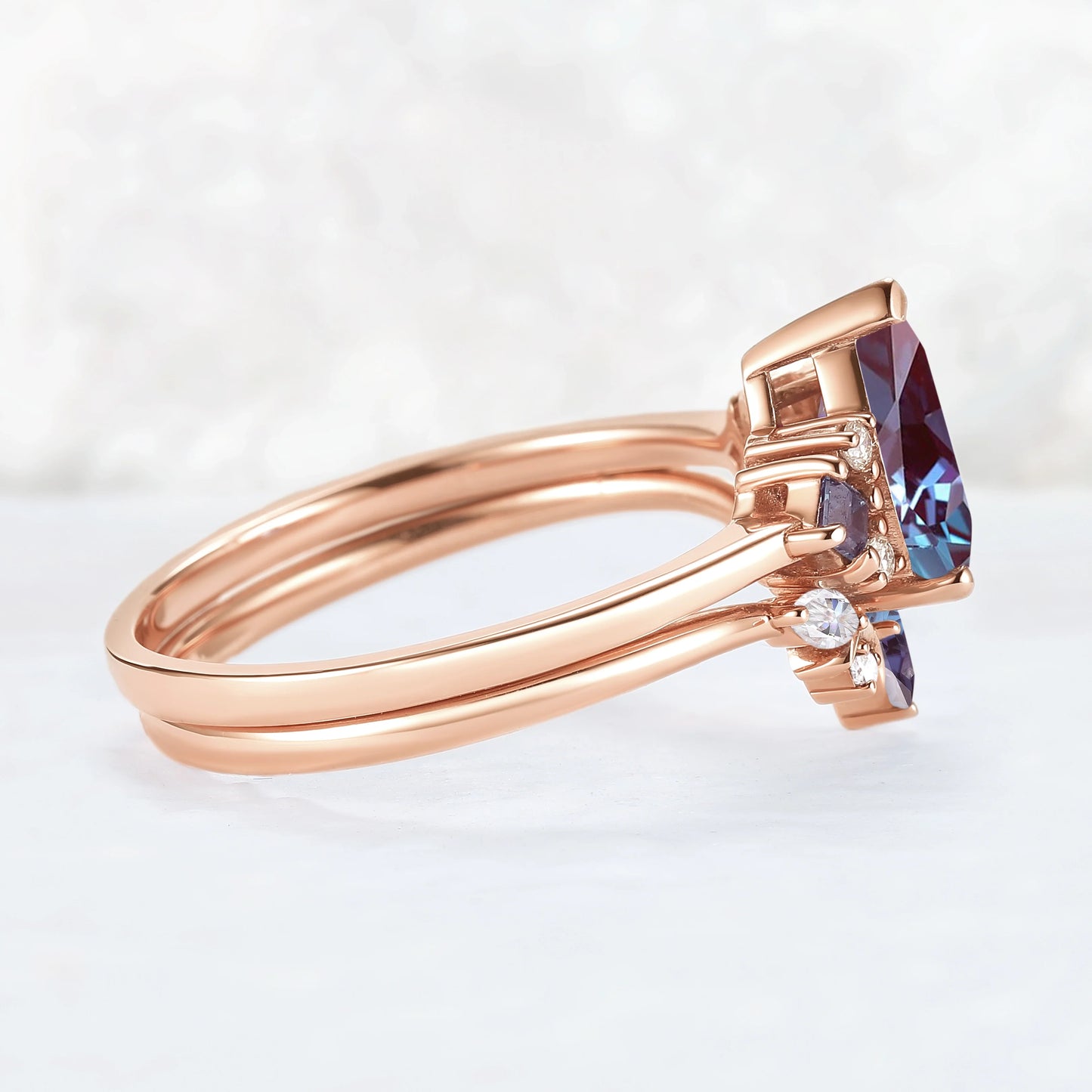 Cluster Pear Cut Alexandrite Moon Gemstone Ring Set 2pcs
