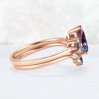 Cluster Pear Cut Alexandrite Moon Gemstone Ring Set 2pcs