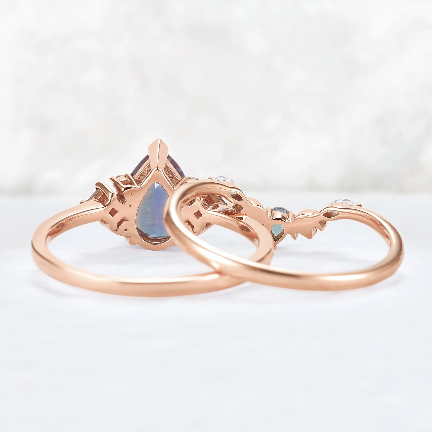 Cluster Pear Cut Alexandrite Moon Gemstone Ring Set 2pcs