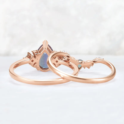 Cluster Pear Cut Alexandrite Moon Gemstone Ring Set 2pcs