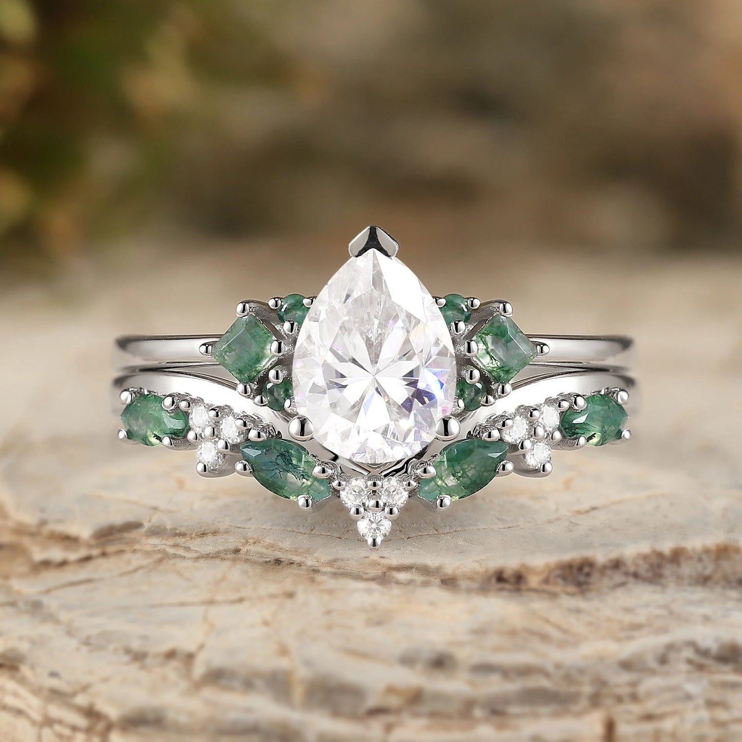 Cluster Pear Cut Moissanite Seven Stones Silver Ring Set 2pcs
