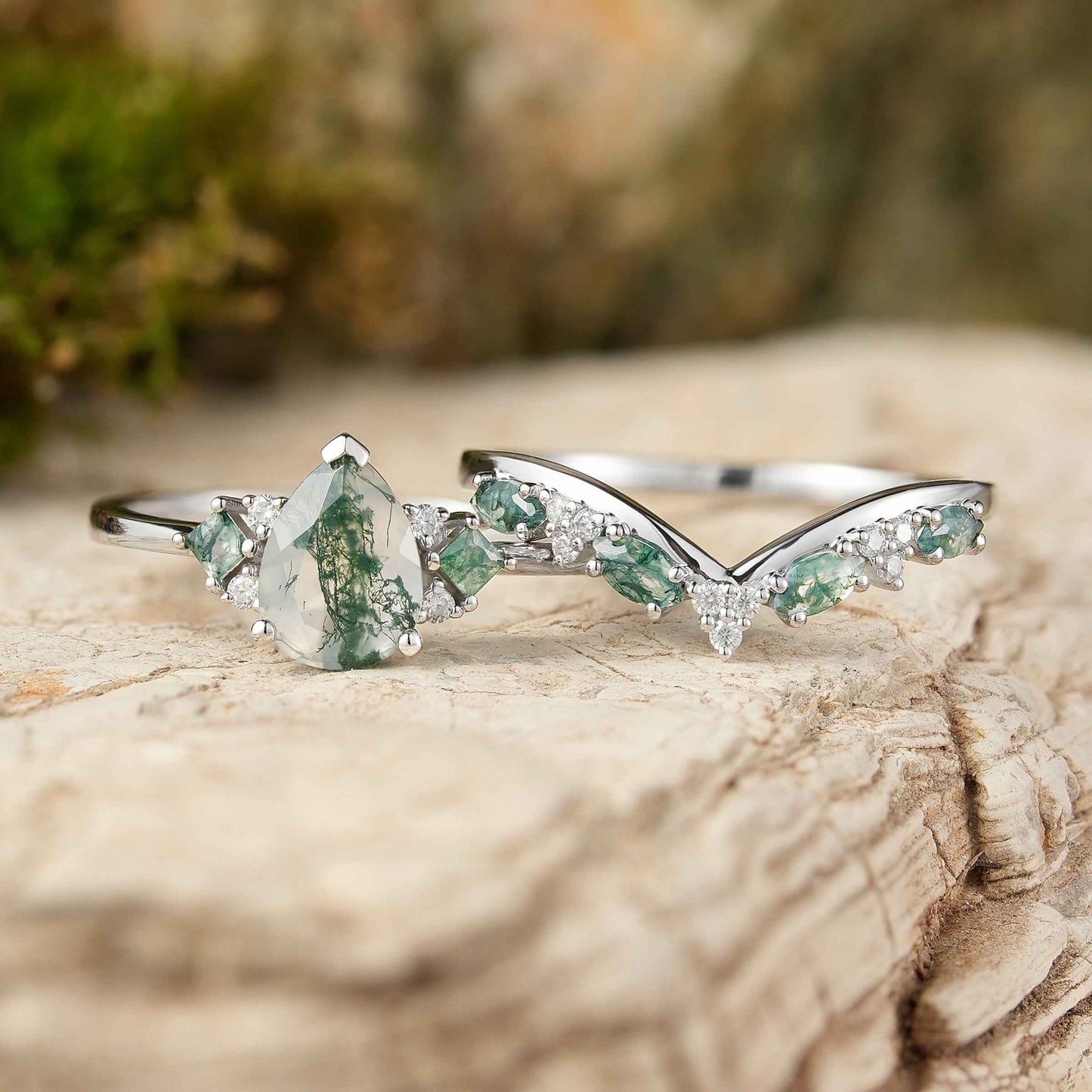 Cluster Pear Cut Moss Agate Seven Stones Ring Set 2pcs