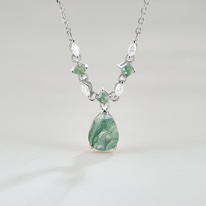 Cluster Pear Cut Moss Agate  and Moissanite Necklace