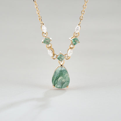 Cluster Pear Cut Moss Agate  and Moissanite Necklace