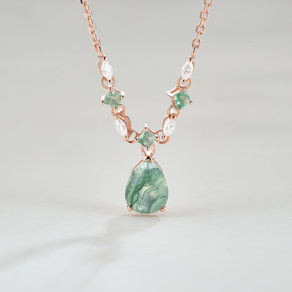 Cluster Pear Cut Moss Agate  and Moissanite Necklace