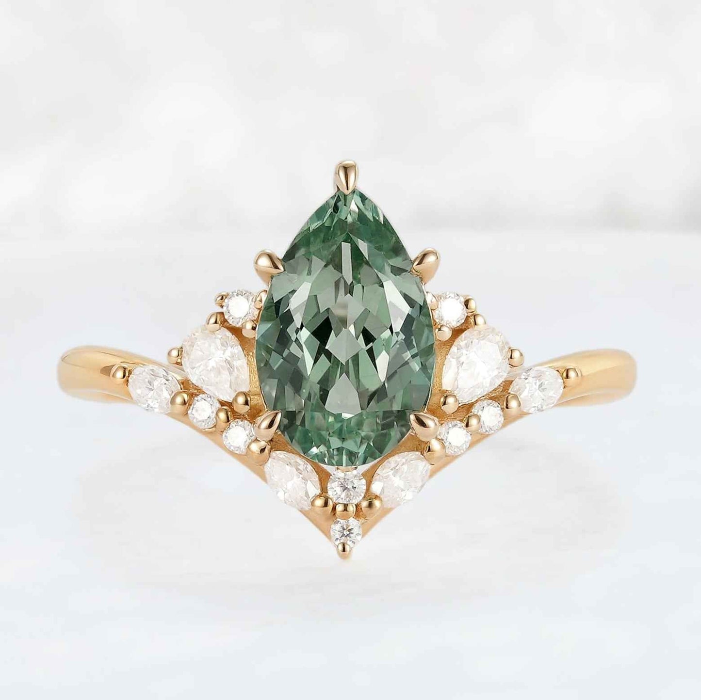 Cluster Pear Cut Sapphire and Moissanite Gemstone Ring