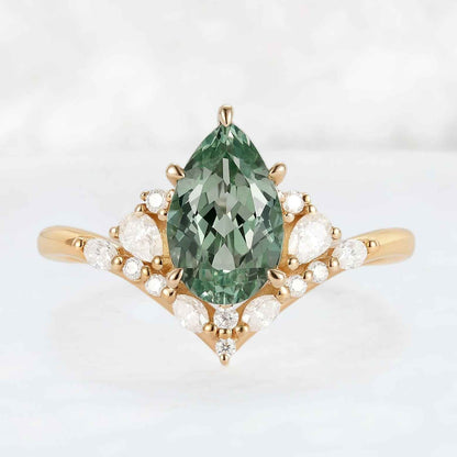 Cluster Pear Cut Sapphire and Moissanite Gemstone Ring