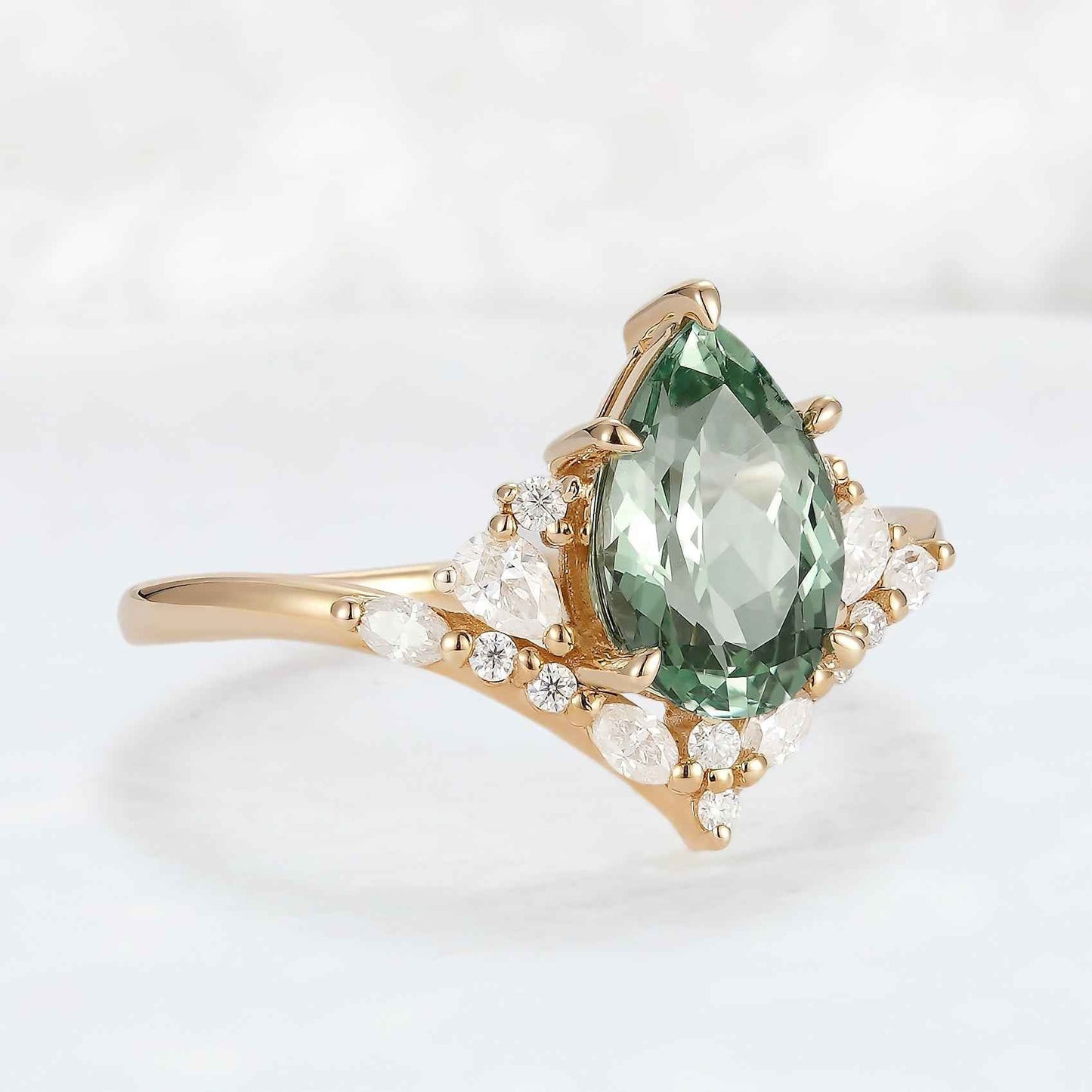 Cluster Pear Cut Sapphire and Moissanite Gemstone Ring