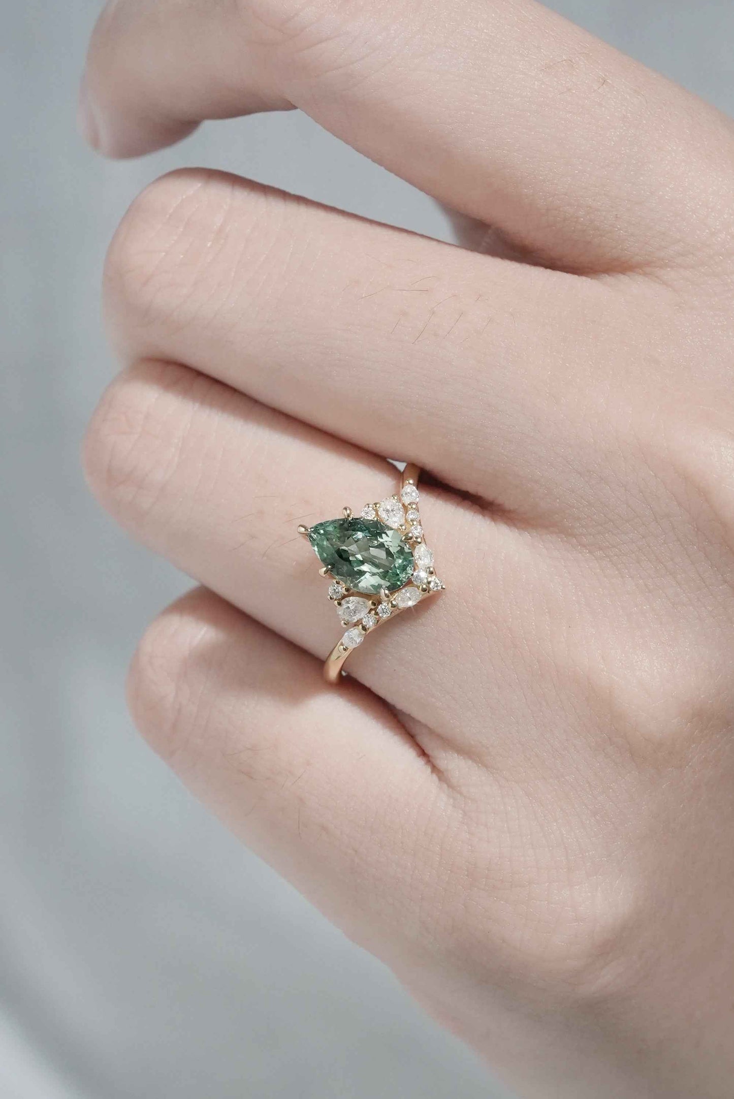 Cluster Pear Cut Sapphire and Moissanite Gemstone Ring