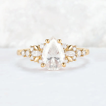 Cluster Pear Shaped Moissanite Gemstone Ring