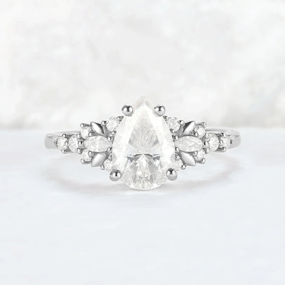 Cluster Pear Shaped Moissanite Gemstone Ring