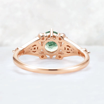 Cluster Round Cut Moss Agate Moon & Sun Gemstone Ring