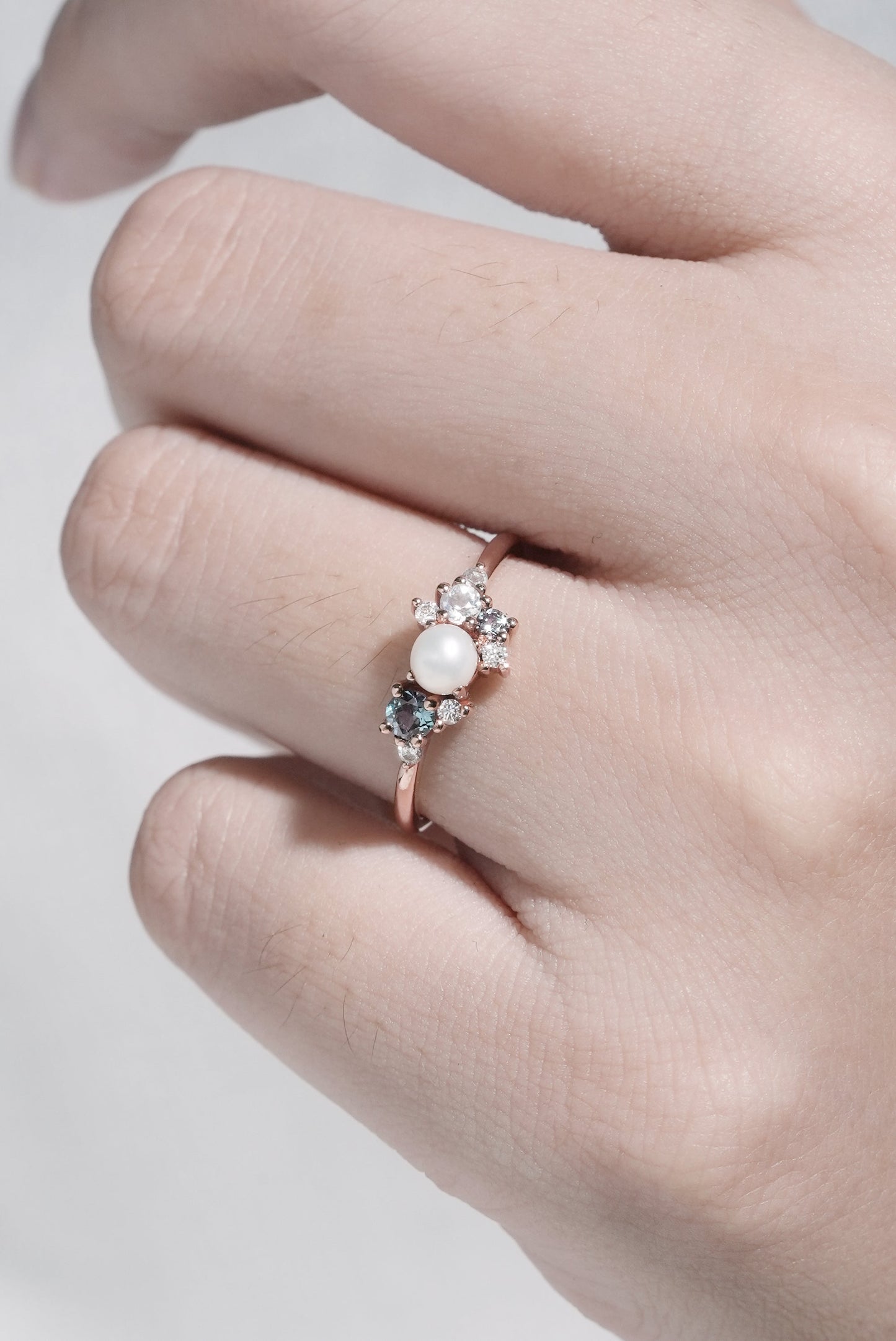 Cluster Round Shaped Pearl and Moissanite Gemstone Ring