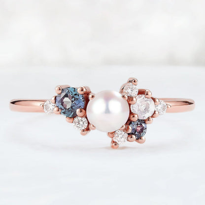 Cluster Round Shaped Pearl and Moissanite Gemstone Ring